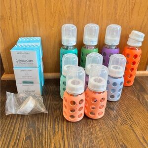 Lifefactory glass silicone cover baby bottles extra nipples cup 4 oz and 9oz lot